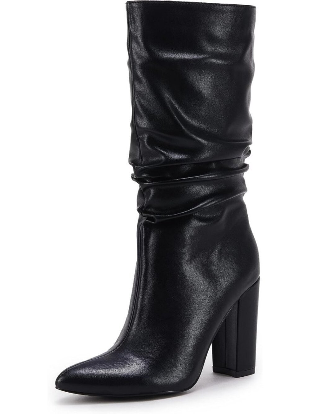 Women's Smooth Black Slouchy High Heel Chunky Block Pointed Toe Mid Calf Boots